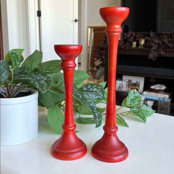Vintage Red Wood Candle Holders Pair Made in Sweden - Picture 3 of 12
